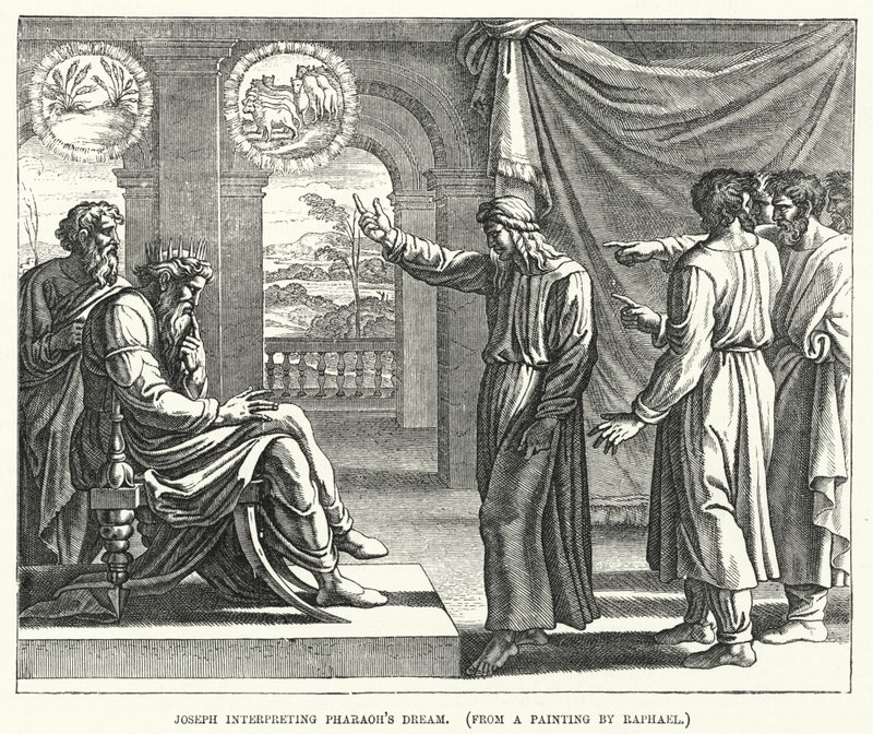 Jozef die de Droom van Farao uitlegt, naar een schilderij van Raphael (gravure) door English School