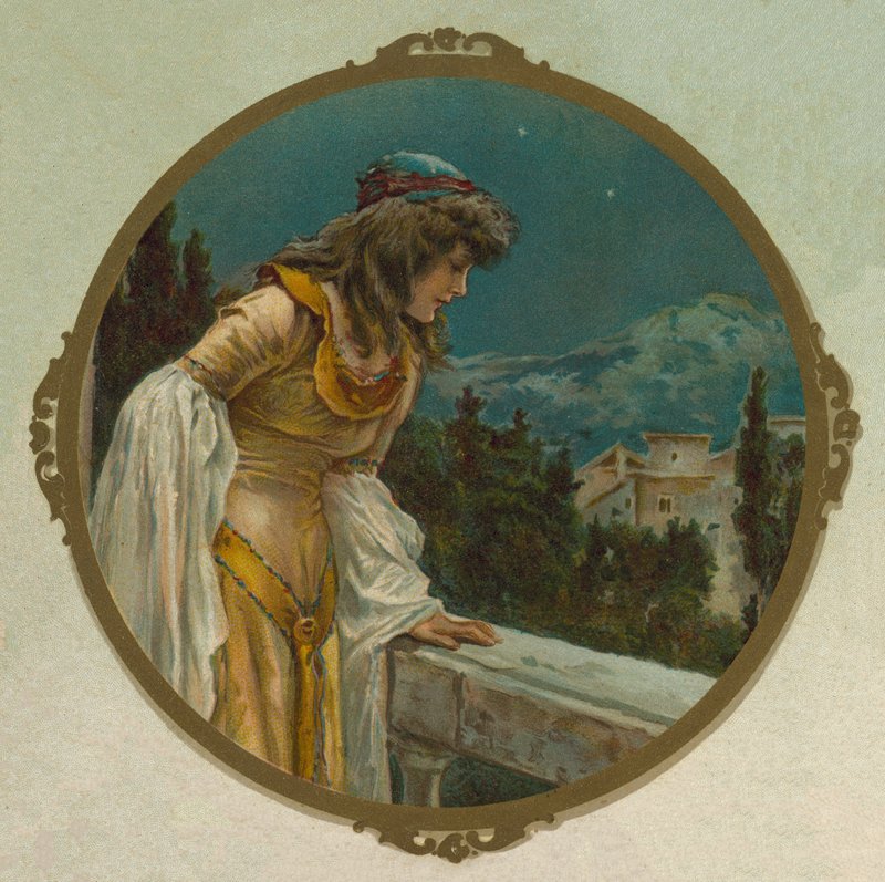 Julia op haar balkon, scène uit Shakespeare