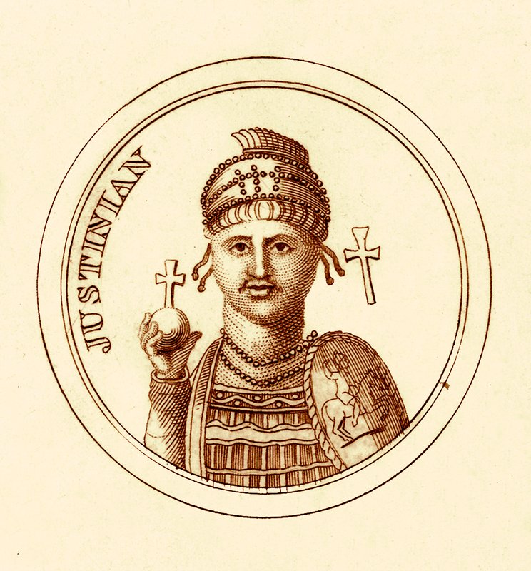 Justinianus, illustratie uit Het Universele Historische Woordenboek door George Crabb, gepubliceerd 1825 door English School