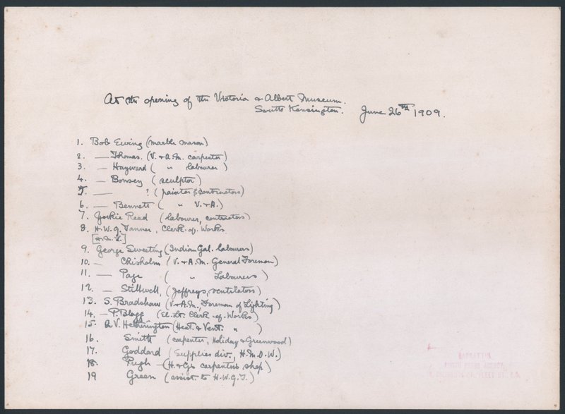 Sleutel tot een foto van een groep arbeiders die het adres aan Koning Edward VII presenteerden bij de opening van het Victoria en Albert Museum door English School