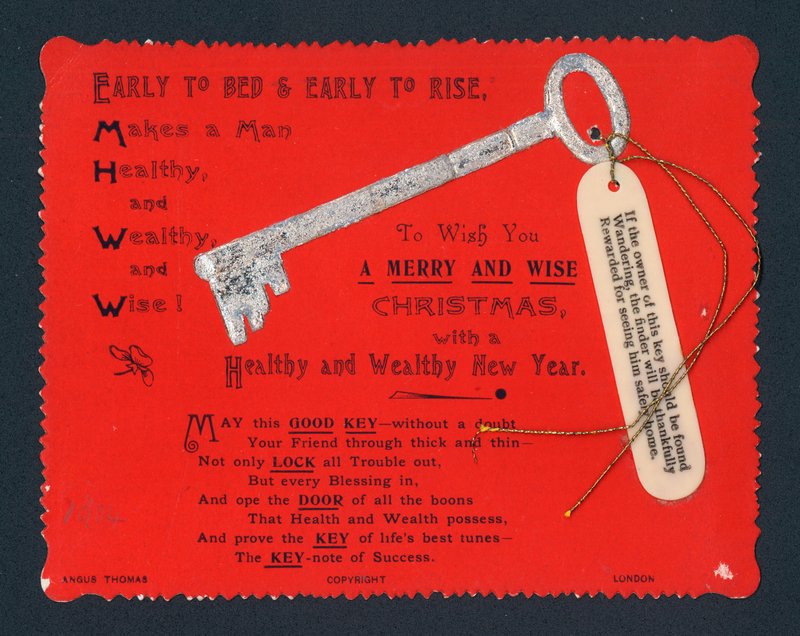 Sleutel met label, kerstkaart door English School