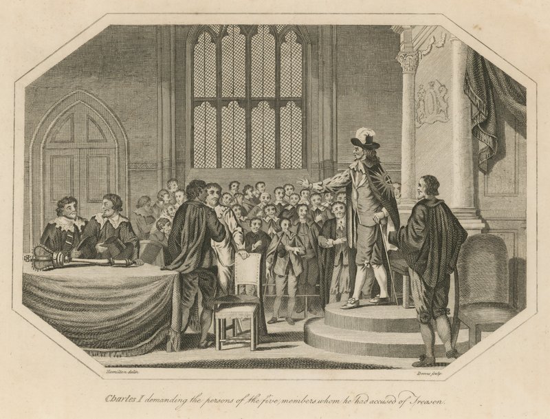Koning Karel I eist de personen van de vijf leden die hij van verraad beschuldigde door English School