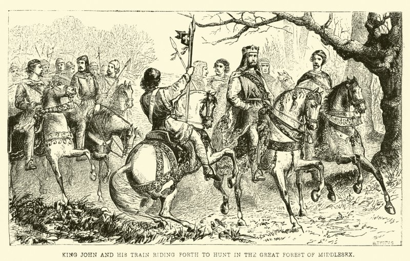 Koning Jan en zijn gevolg rijden uit om te jagen in het Grote Woud van Middlesex door English School