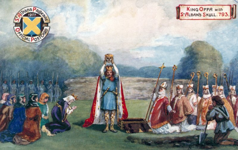 Koning Offa met de schedel van St. Alban, 793 door English School