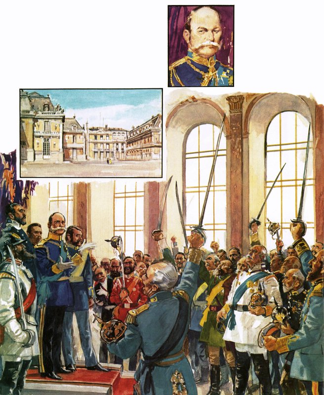 Koning Willem van Pruisen kondigt de oprichting van een verenigd Duits Rijk aan in het paleis van Versailles door English School