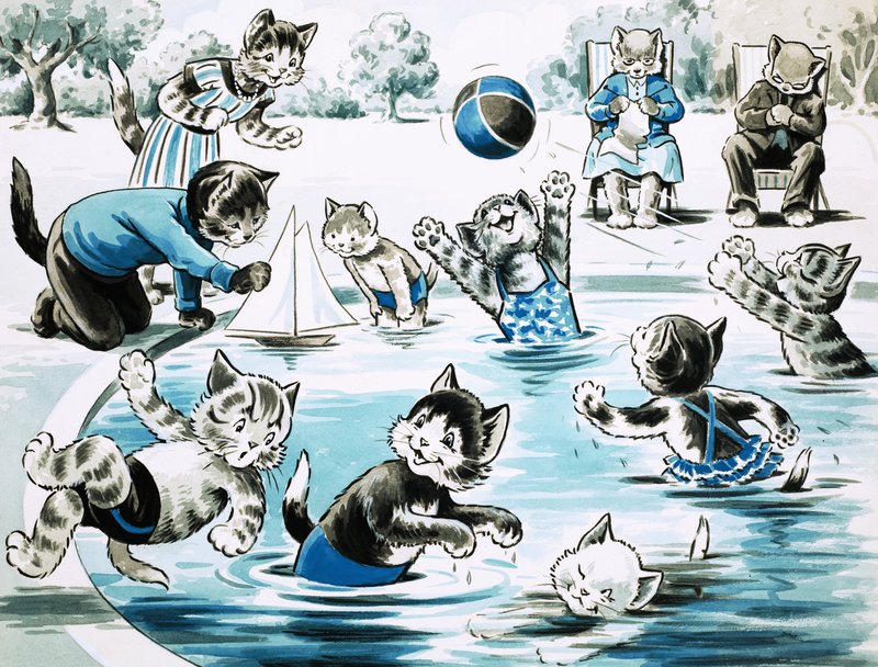 Kittens die in een vijver spelen door English School