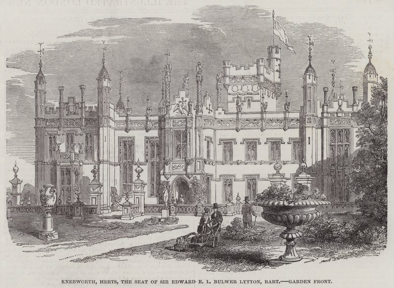 Knebworth, Herts, de zetel van Sir Edward E L Bulwer Lytton, baronet, tuinzijde door English School