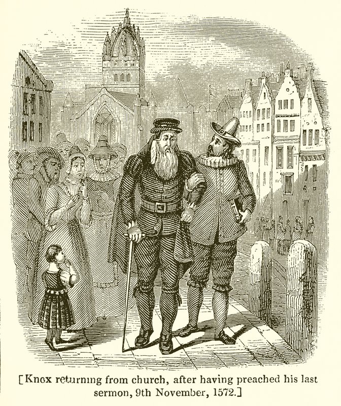 Knox keert terug van de kerk na zijn laatste preek, 9 november 1572 door English School