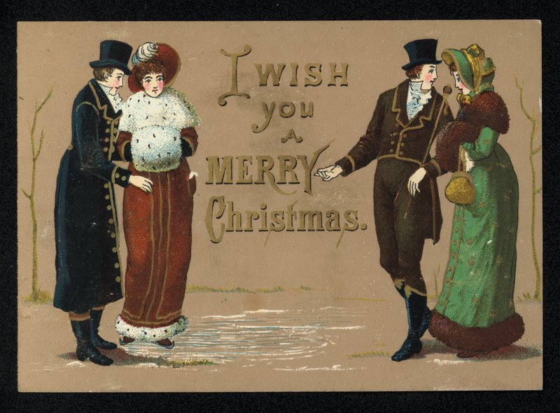 Dames en heren in hun winterkleding, kerstwenskaart door English School