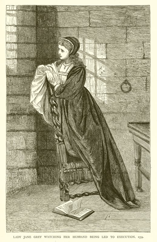 Lady Jane Grey kijkt toe hoe haar man naar de executie wordt geleid, 1554 door English School