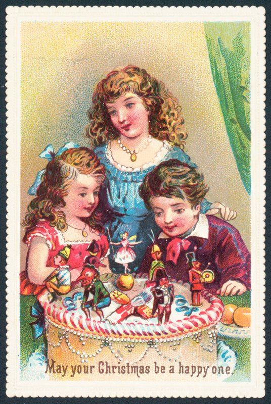 Dame en kinderen bewonderen kersttaart, kerstkaart door English School