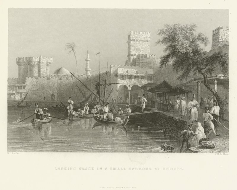 Aanlegplaats in een kleine haven in Rhodos, 1837 door English School