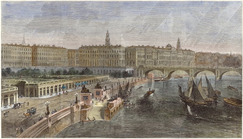 Landingsstijgers en siertuinen tussen Hungerford en Waterloo Bridges door English School