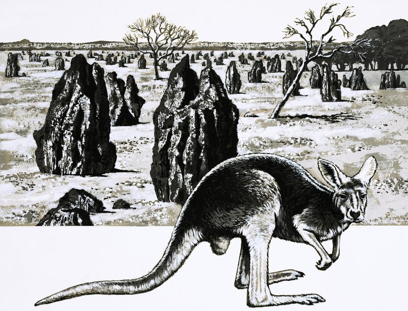 Grote termietenheuvels bij Darwin, Australië, en een kangoeroe op de voorgrond door English School