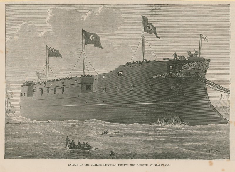 Te water laten van het Turkse ijzeren fregat Mes Oudiyeh in Blackwall door English School