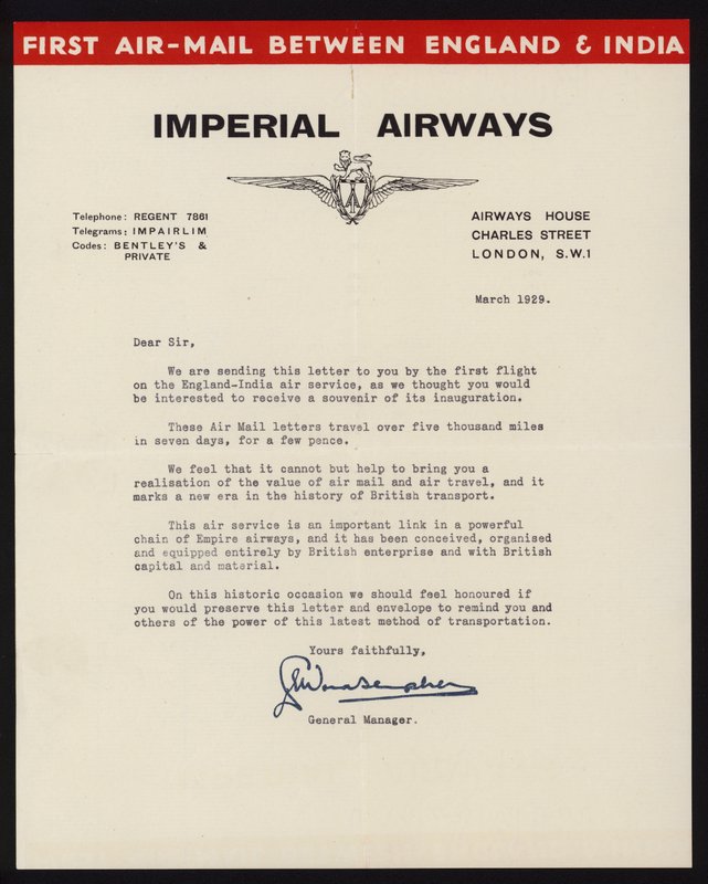 Lancering van de eerste luchtpostdienst tussen Engeland en India door Imperial Airways in maart 1929 door English School