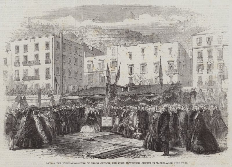Het leggen van de eerste steen van de Christ Church, de eerste protestantse kerk in Napels door English School