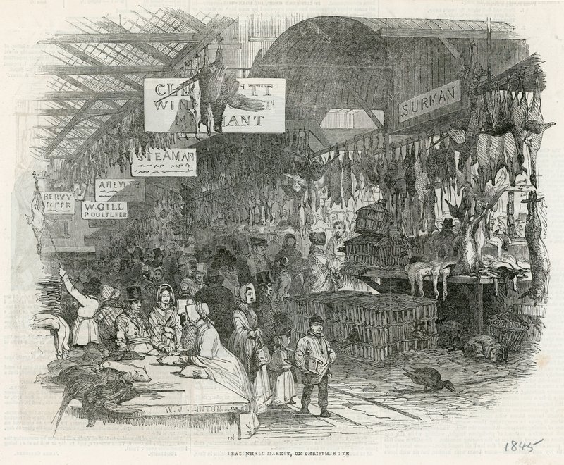 Leadenhall Market op kerstavond, 1845 door English School