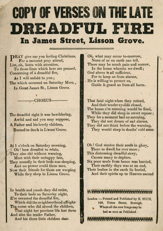Pamflet met vers over een brand in James Street, Lisson Grove, Londen door English School