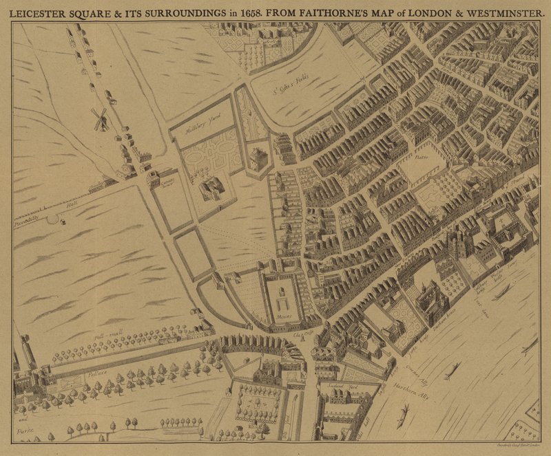 Leicester Square en omgeving in 1658 door English School