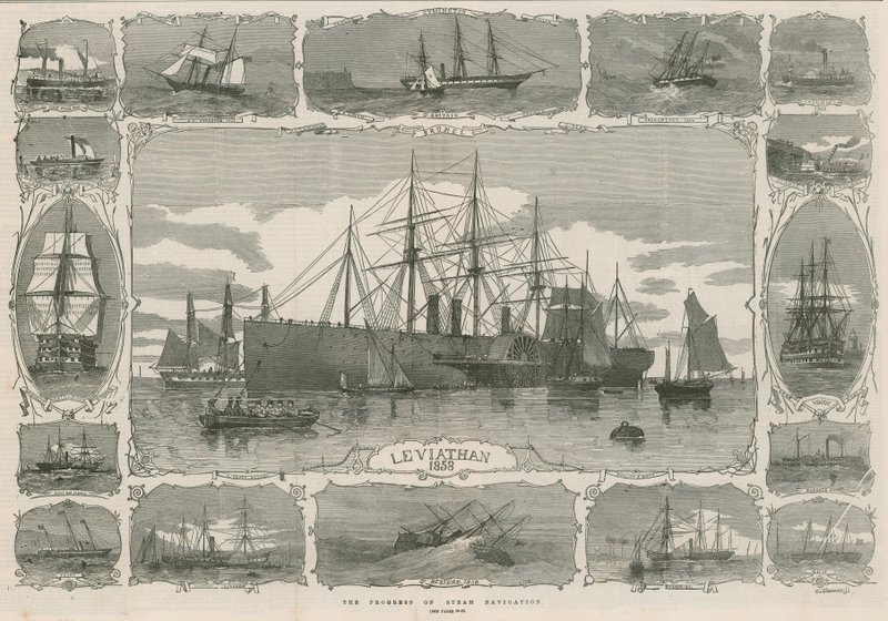 Leviathan 1858; montage van beelden die de voortgang van de stoomnavigatie tonen door English School