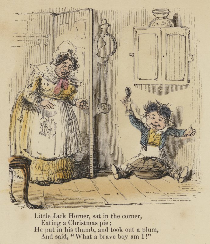 Kleine Jack Horner, zat in de hoek, At een kersttaart, Hij stak zijn duim erin, en haalde een pruim eruit, En zei: "Wat een dappere jongen ben ik!" (gekleurde gravure) door English School