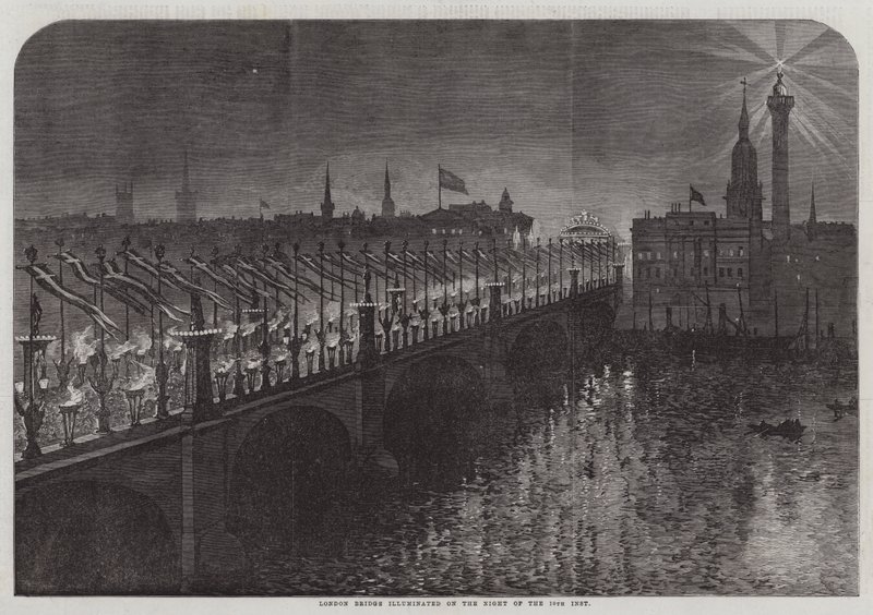 London Bridge verlicht op de Nacht van de 10e Inst (gravure) door English School