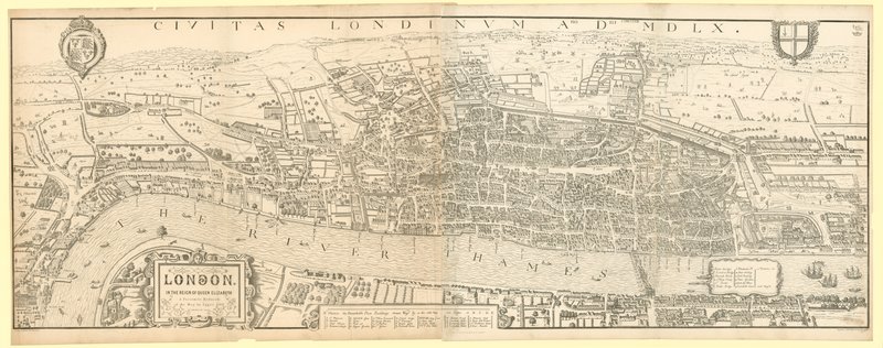 Londen in het bewind van koningin Elizabeth I, een facsimile (verkleind) van de kaart door Aggas 1560 door English School