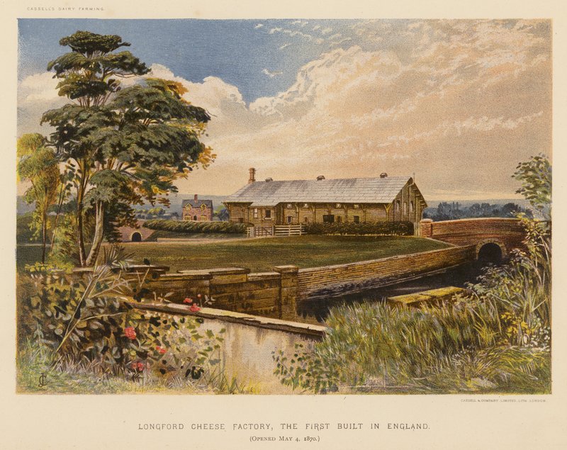 Longford Kaasfabriek, de eerste gebouwd in Engeland, geopend op 4 mei 1870 door English School