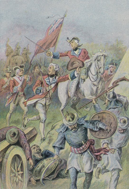 Lord Clive beveelt de Britten in de Slag bij Plassey, India, 1757 door English School