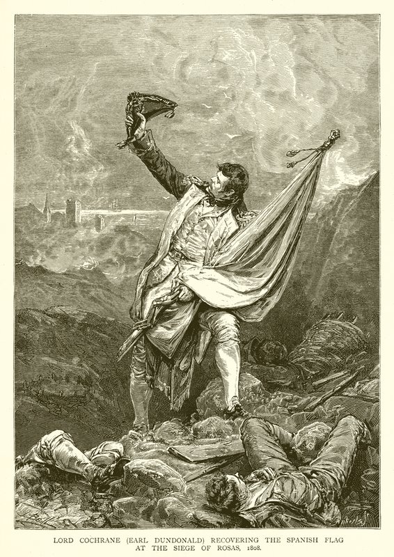 Lord Cochrane (Graaf Dundonald) herwint de Spaanse Vlag bij het Beleg van Rosas, 1808 door English School
