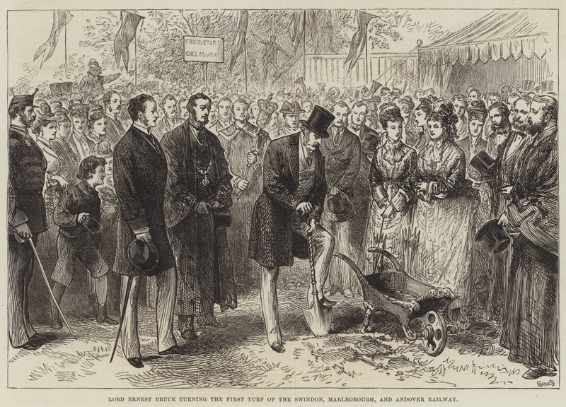 Lord Ernest Bruce legt de eerste turf van de Swindon, Marlborough en Andover spoorweg door English School