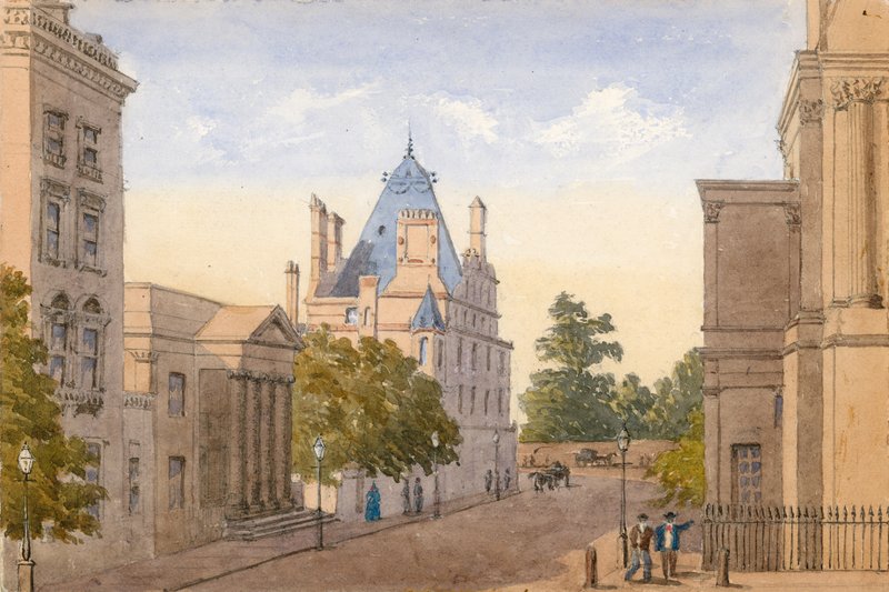 Het nieuwe huis van Lord Grosvenor, hoek van Halkin Street, Londen door English School