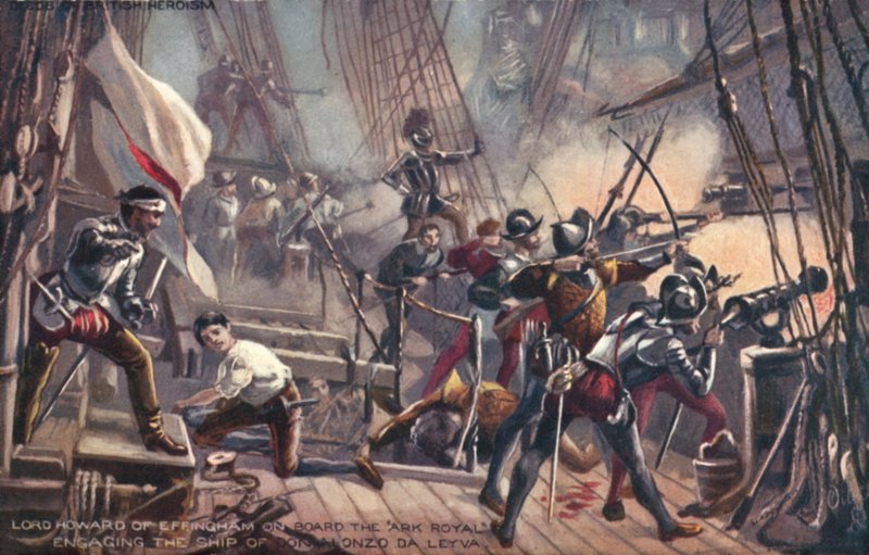 Lord Howard van Effingham op de Ark Royal, in gevecht met Don Alonzo da Leyva, Spaanse Armada door English School