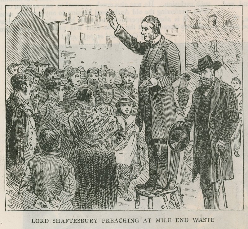 Lord Shaftesbury predikt bij Mile End Waste, Londen door English School