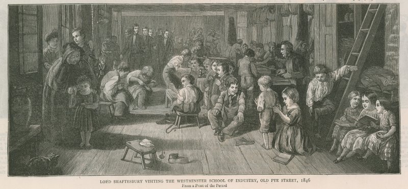 Lord Shaftesbury bezoekt de Westminster School of Industry, Old Pye Street, Londen, 1846 door English School