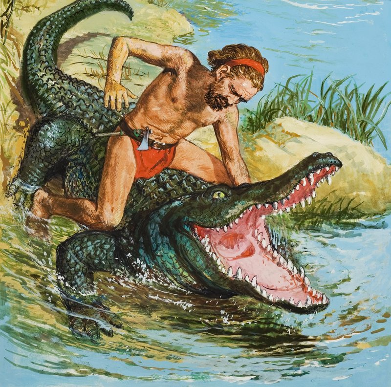 Louis, de Desert Island Castaway, valt een krokodil aan (gouache op papier) door English School
