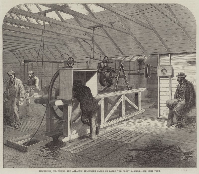 Machines voor het aan boord nemen van de Atlantische telegraafkabel op de Great Eastern (gravure) door English School