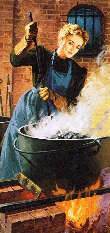 Madame Curie aan het werk in haar laboratorium door English School