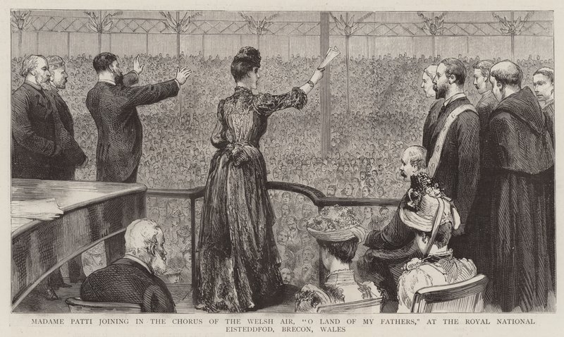 Madame Patti die Meedoet aan het Koor van het Welshe Lied "O Land van Mijn Vaders" op de Royal National Eisteddfod, Brecon, Wales (gravure) door English School