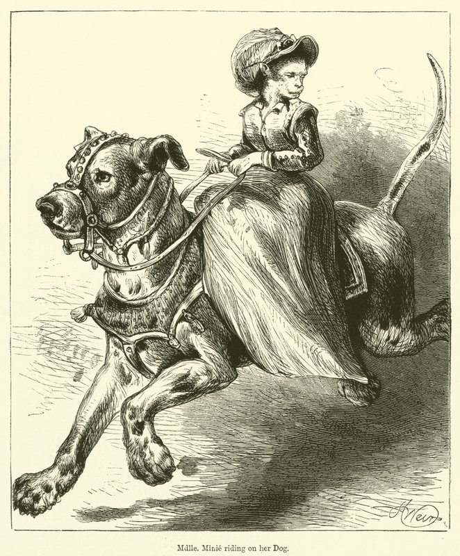 Mademoiselle Minie rijdend op haar hond door English School