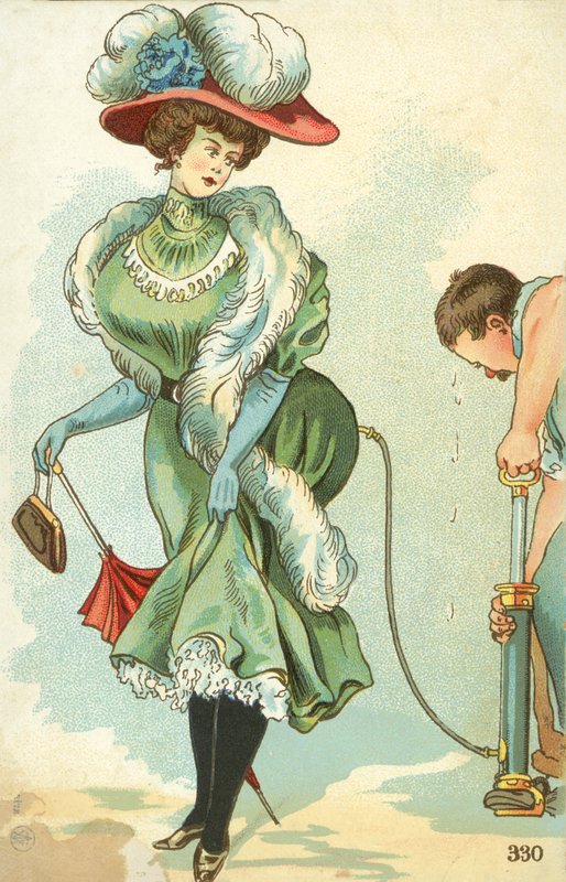 Man die de rokken van een Edwardiaanse vrouw opblaast met een pomp door English School