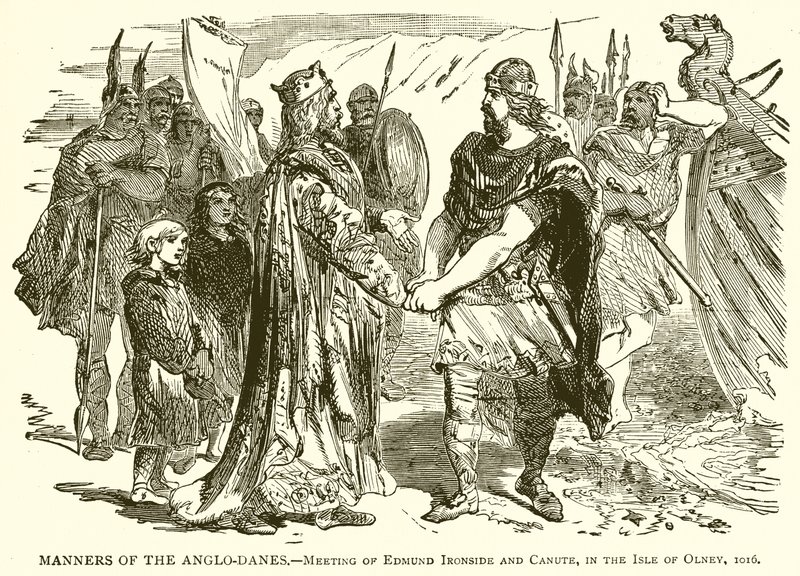 Manieren van de Anglo-Denen.--Ontmoeting van Edmund Ironside en Canute, op het eiland Olney, 1016 door English School