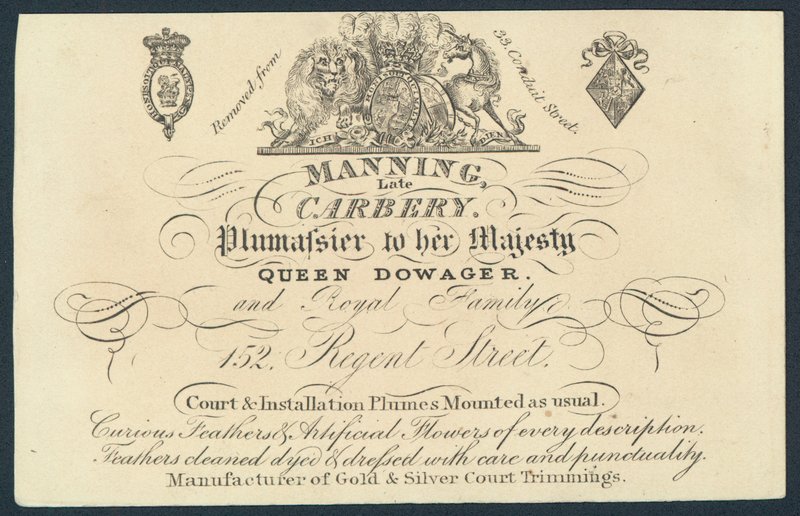 Manning, late Carnery, plumassier, handelskaart door English School