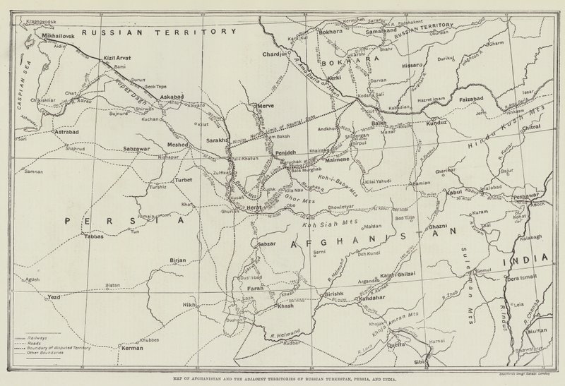 Kaart van Afghanistan en de aangrenzende gebieden van Russisch Turkestan, Perzië en India door English School