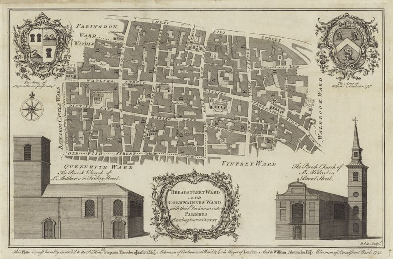 Kaart van Bread Street Ward en Cordwainers Ward, Londen door English School