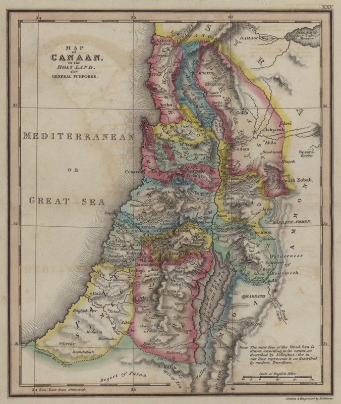 Kaart van Kanaän van het Heilige Land voor algemene doeleinden (gekleurde gravure) door English School