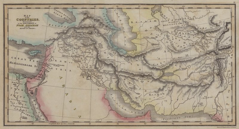 Kaart van landen, genoemd in de geschiedenissen van Noach, Abraham en de koningen van Israël (gekleurde gravure) door English School