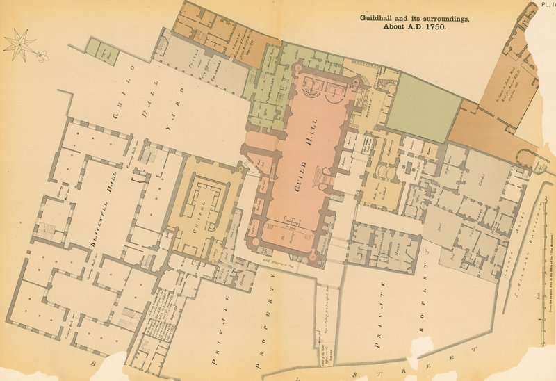Kaart van Guildhall, Londen, en omgeving rond 1750 door English School