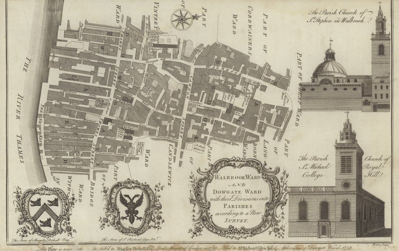 Kaart van Walbrook Ward en Dowgate Ward, Londen door English School